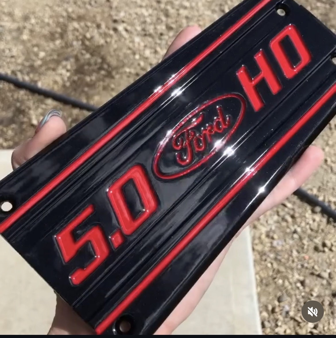 Refinished Ford 5.0 HO valve cover, gloss black with red detail