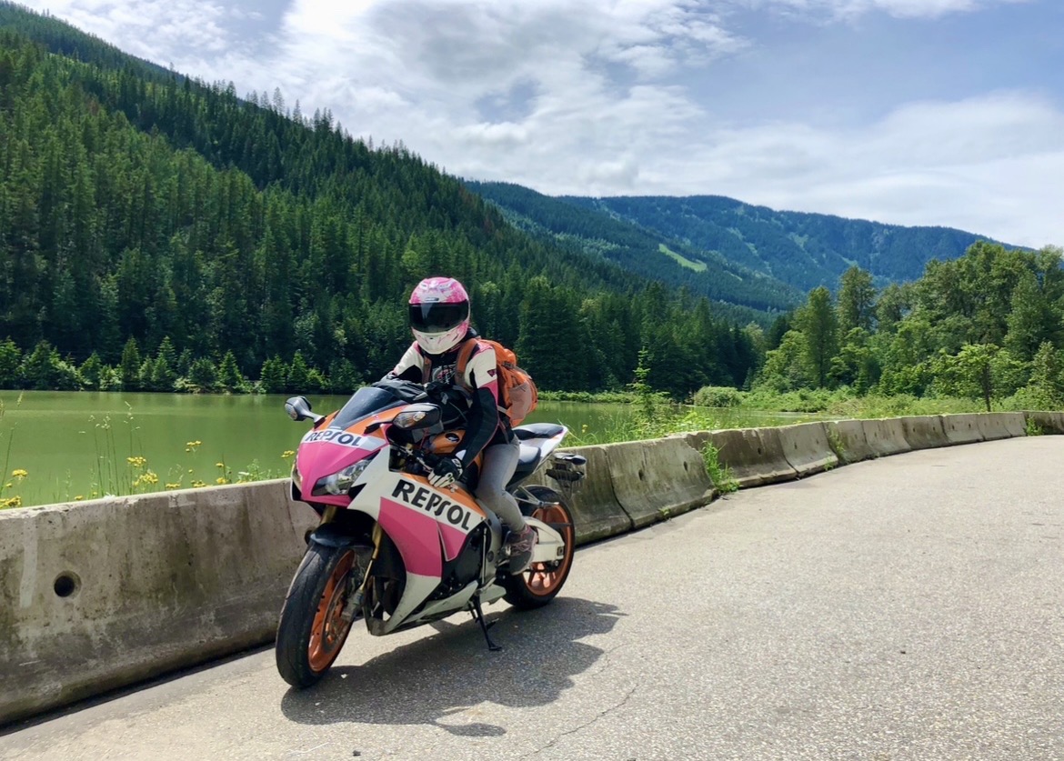 On the bike beside a mountain lake in the Interior