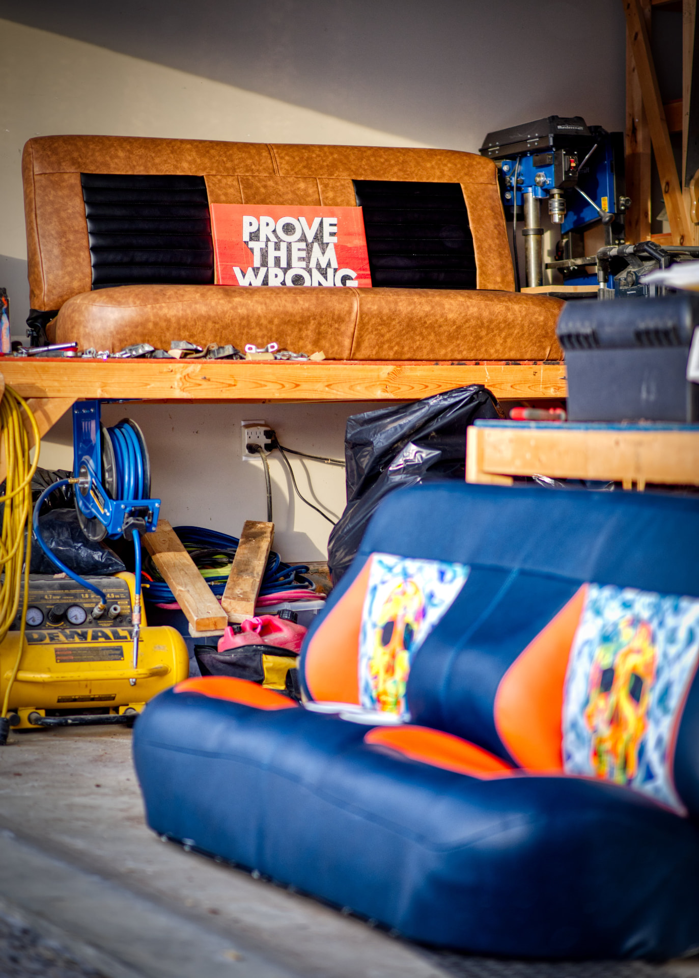 Finished upholstered bench seats in the workshop