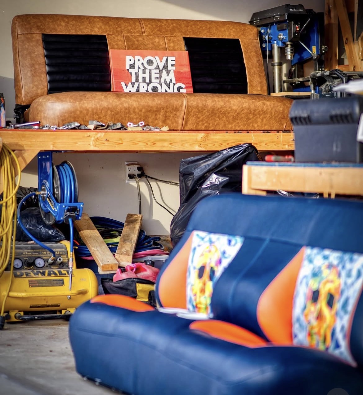 Finished bench seats waiting in the workshop