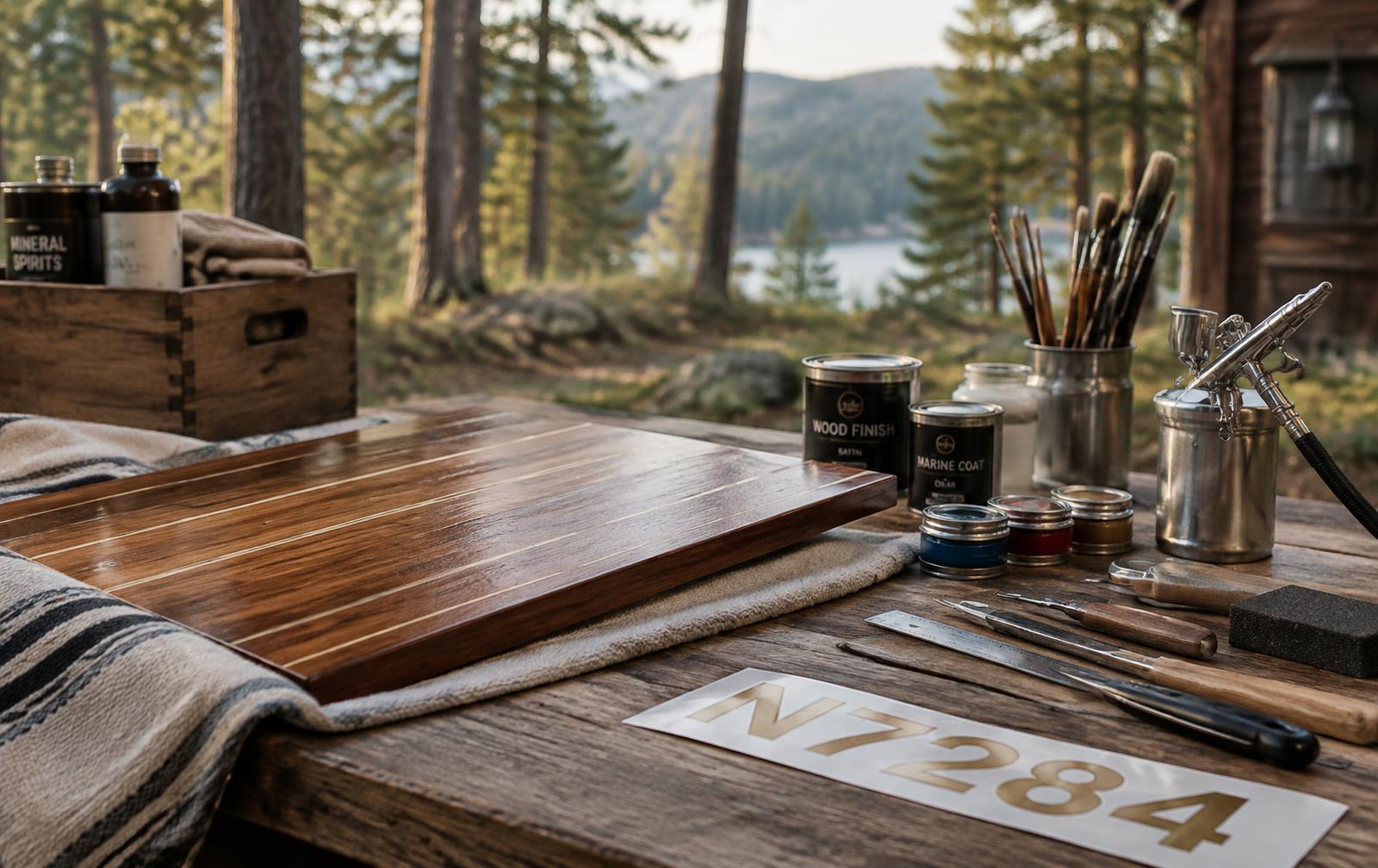 A workbench with brushes, an airbrush, paint tins, cut vinyl lettering, and a refinished wood panel