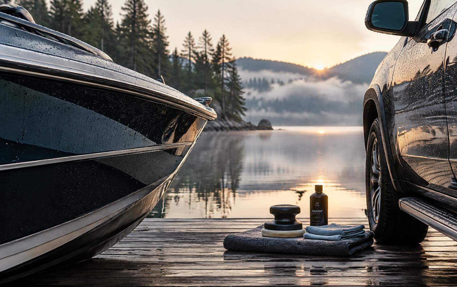 A freshly polished boat hull and vehicle beside a wooden dock on a still lake at dawn