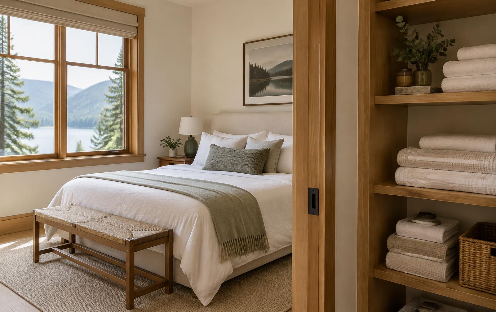 A made bed and shelves of folded linens in a warm wood-and-cream lake house bedroom
