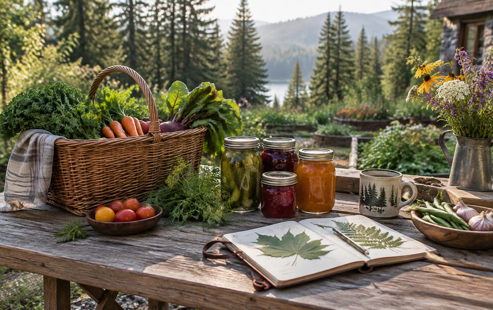 A garden table with preserving jars, harvested vegetables, and an open nature journal