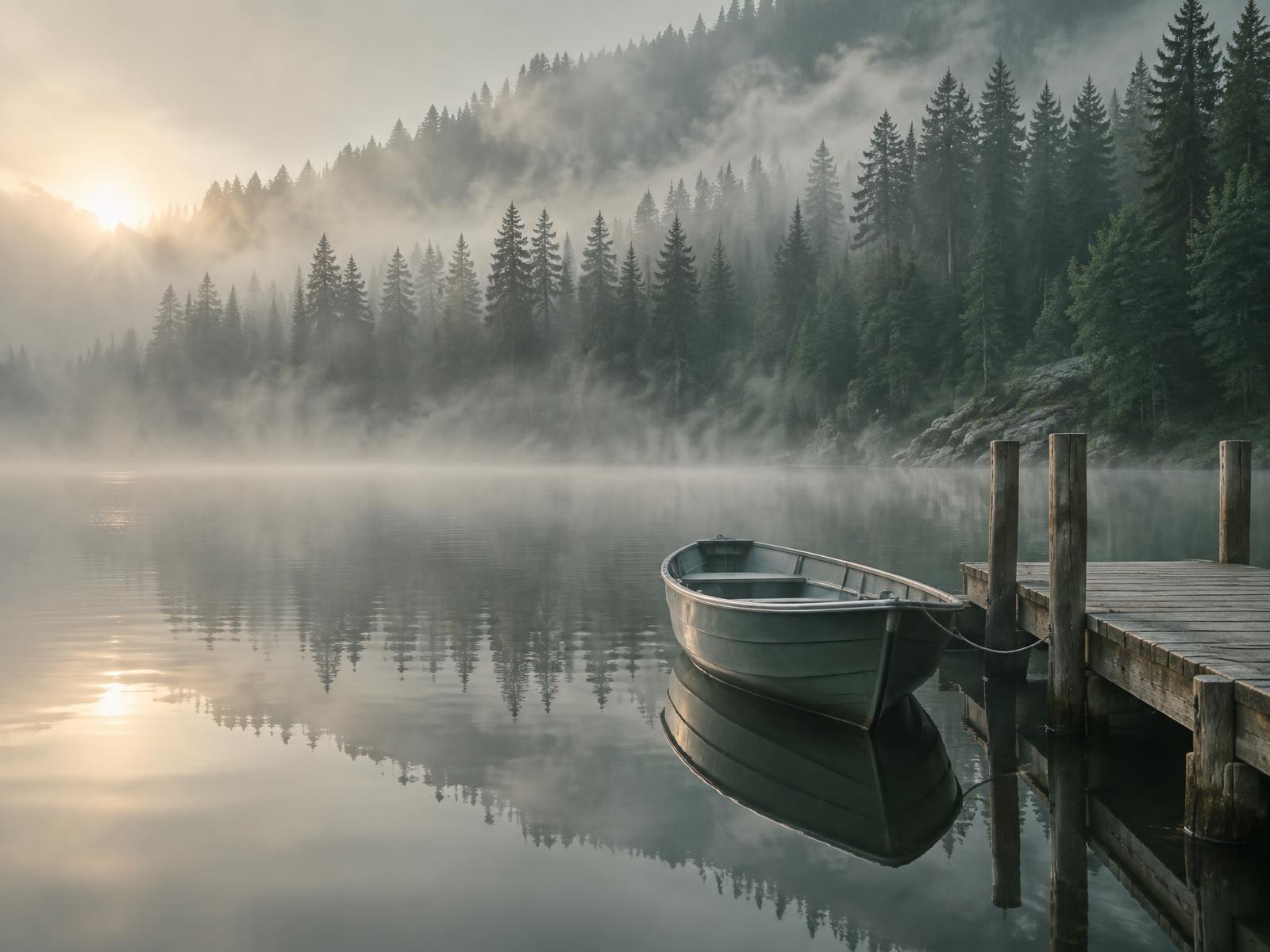 A boat moored at a wooden dock below a misty evergreen hillside at dawn