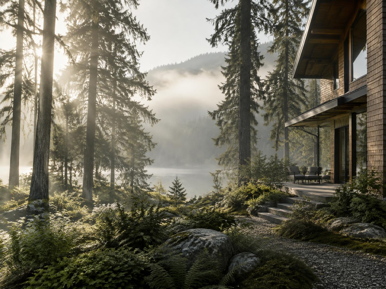 A cedar-sided lakeside home among tall firs in morning mist
